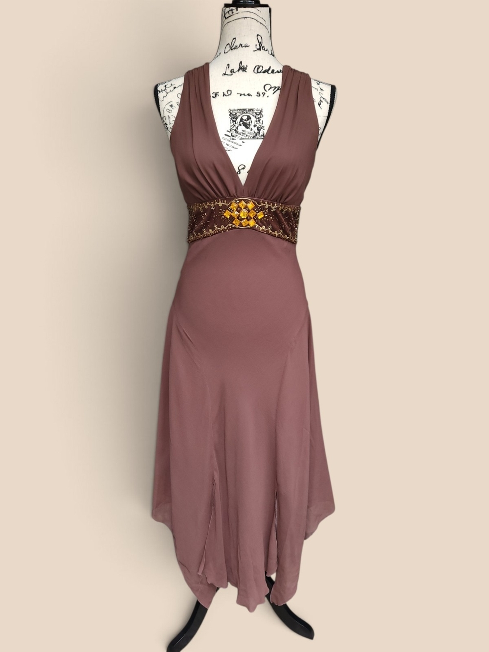 BCBG Paris 100% Silk Brown Beaded Empire Waist Midi Dress Y2K Whimsigoth